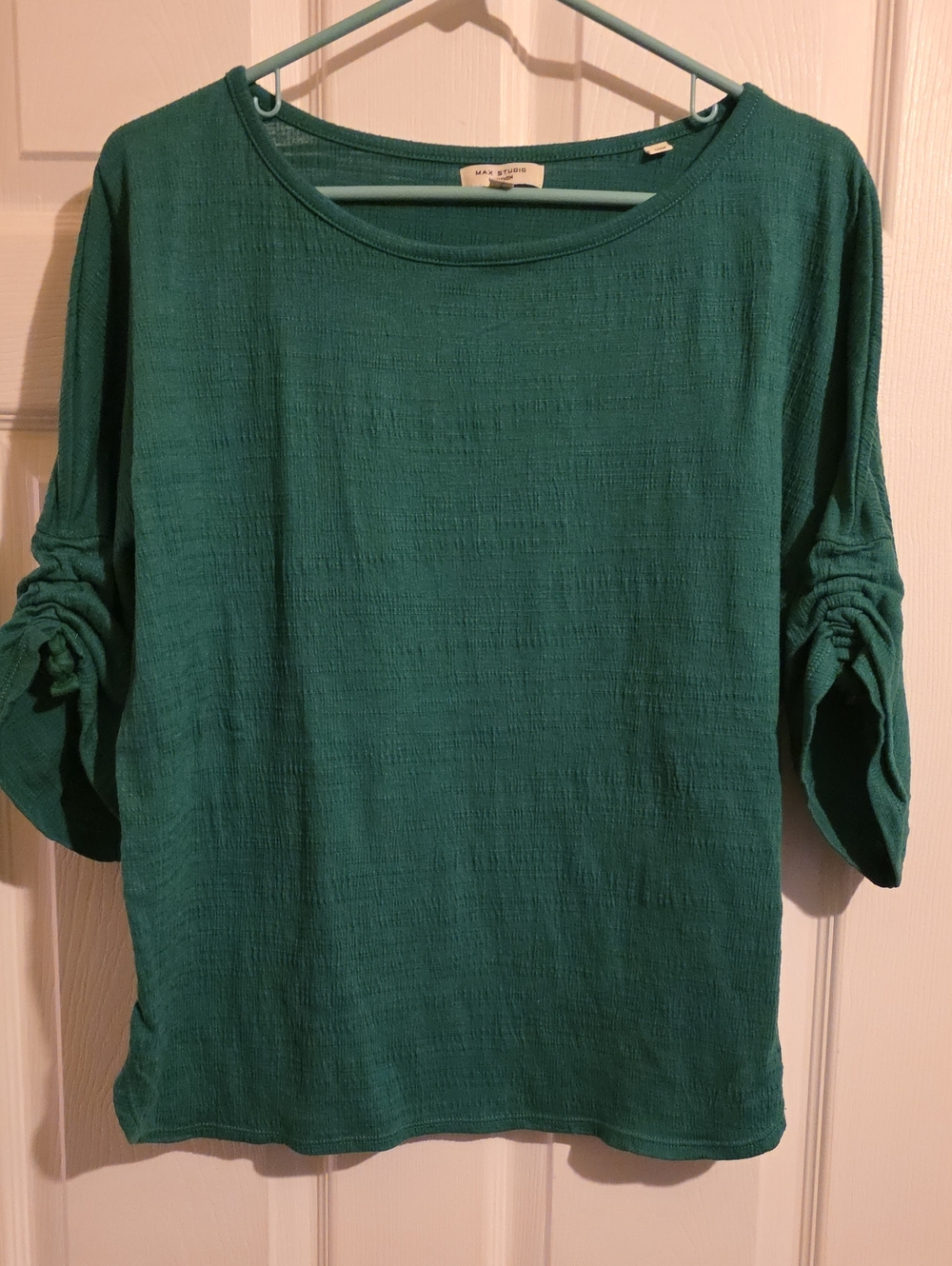 Max Studio Scoop Neck Top with Ruched Three-Quarter Sleeves